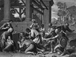 Drucke von Sie präsentierten ihm Geschenke; Gold und Myrrh sowie Frankonenszene im späten Mittelalter Nicolas Poussin Drucke: Sie überreichten ihm Geschenke; Gold und Myrrhe mit Frankonien im späten Mittelalter des 19