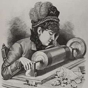 Nineteenth Century Clothing Drucke: A 'prima donna' singing by using Edison's phonograph receiver, 1878