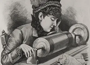 Thomas Edison Invention Drucke: A 'prima donna' singing by using Edison's phonograph receiver, 1878
