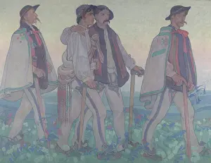Art Nouveau Fashion Drucke: Procession of the Highlanders - central part of the Dawn triptych - decorative panneau