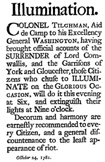 American Revolutionary War Drucke: Proclamation of illuminations commemorating the surrender of General Cornwallis