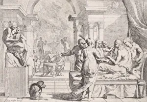 Der Prodigensohn saß auf einem Sofa und wurde mit Wein bedient; im Hintergrund waren Feiernde zu sehen. Ein Mo