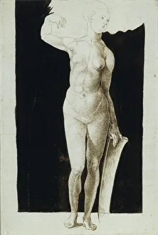Renaissance Female Figures Drucke: Proportion study of female nude with a shield, 1500. Artist: Durer, Albrecht (1471-1528)