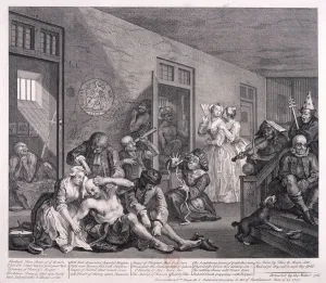 Drucke von Ein Rabe Fortschritt 1763; Tafel VIII von VIII. Gemäß seiner Natur hat Tom Rakewell durch die Überindulgenz in allen Luxus des modernen Lebens einen großen Vermögensverlust erlitten William Hogarth Drucke: Ein Fortschritt der Raketenkunst, 1763; Tafel VIII von VIII. Künstler: William Hogarth