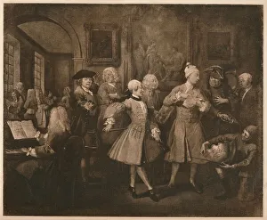 Drucke von Ein Rake's Progress - 2: Die Levee, 1733. Tom hält eine Morgenrezeption in seinem neuen palatischen Wohnhaus ab William Hogarth Drucke: Ein Fortschritt zur Progess - 2 Die Flut, 1733. Künstler : William Hogarth