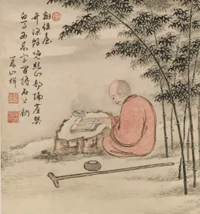 Oriental Fine Art Images Drucke: Reading monk in a bamboo forest