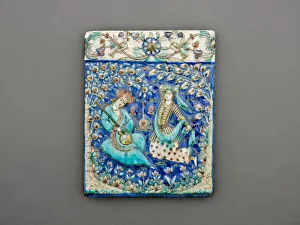 Persian Decorative Arts Drucke: Rectangular Tile with Musician and Dancer, Qajar dynasty (1796-1925), 19th century