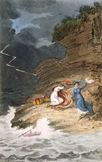 Genre Scene Artwork Drucke: Two Regency belles stranded on a foreshore by a storm, c1795-1805. Creator: James Green