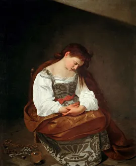 Drucke von Die Bußende Maria Magdalena um 1595. Im Besitz der Sammlung von Palazzo Doria Pamphilj, Rom Caravaggio Drucke: Die Bußende Maria Makthild, um 1595