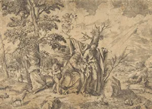 Die Ruhe auf dem Flug nach Ägypten, Joseph rechts, die Jungfrau hält den Weisenkind