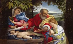 Drucke von Ruhe auf der Flucht nach Ägypten mit St. Justina, 1529 Padua Drucke: Ruhe auf der Flucht nach Ägypten mit St. Justine, 1529. Künstler: Lorenzo Lotto.