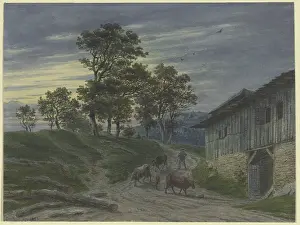 Farm Animal Artwork Drucke: Return of the herd to the stable in the evening, 1853. Creator: Jakob Maurer