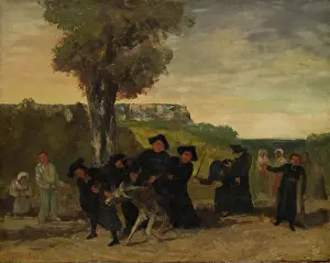 Drucke von Ein Mann kehrt von einer Versammlung zurück, umgeben von einfachen Bauern in ländlicher Umgebung Gustave Courbet Drucke: Der Rückkehr von der Versammlung, 1863
