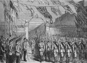 British Military Art Drucke: The Return of the Troops from Ashantee, c1880