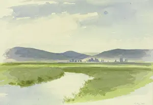 Drucke von Flusslandschaft, Hintergrundberge, 1860 Kunstwerke An Wasserfällen Und Flüssen Drucke: Landschaft am Fluss, im Hintergrund Berge, 1860. Künstler: Carl Theodor Reiffenstein