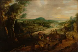 Drucke von Landschaft mit Fluss und Bauern auf dem Weg zum Markt, um 1629-1630 U Drucke: Landschaft mit Fluss und Bauern auf dem Weg zum Markt
