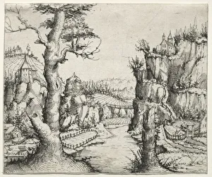 German River Landscapes Drucke: River Landscape with rocks at left ana at right