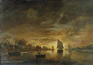 Aert Van Der Neer Drucke: Landschaft mit Schiffen bei Mondaufgang, um 1660-1670. Künstler: Aert van der Neer