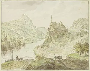 Dutch Heritage Images Drucke: River between mountains, a monastery on a rock to the right. Creator: Cornelis Verdonck