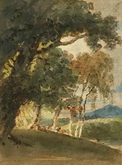 Romantic Era Art Gallery Drucke: A River Valley And Distant Hill Seen Through Trees, c1800. Creator: Thomas Girtin