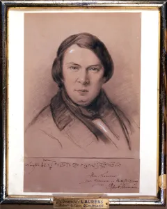 Drucke von Robert Schumann, deutscher Komponist, Mitte des 19. Jahrhunderts. Porträt von Robert Schumann (1810-1856), mit einer Widmung vom Komponisten zusammen mit einem Thema im Manuskript Robert Schumann Drucke: Robert Schumann, deutscher Komponist