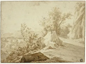Steine und Gesteinweg, Figuren und Dorf unterhalb; um 1600 Künstler: Bartholomeus van Breeghe, Jans De Bischoff, Jans Dircksz