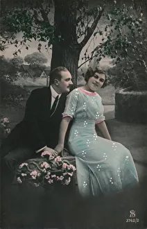 Blue Dress Woman Drucke: Romantic postcard, c1910