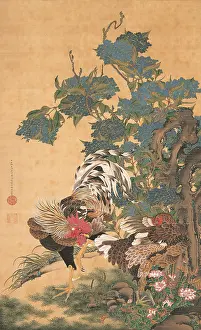 Oriental Fine Art Images Drucke: Rooster, Hen and Hydrangeas, c1755. Creator: Jakuchu, Ito (1716-1800)