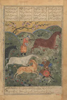Rostam erobert den Pferd Rakhsh, Blatt aus einem Schahnameh (Buch der Könige)