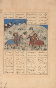 Rostam tötet Isfandijar mit einem Doppelten Pfeil aus dem Folium eines Schahnamas des 15. Jahrhunderts