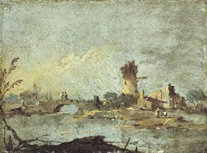 Capriccio Landscape Art Drucke: Rustic caprice, with ruined bridge and tower. Creator: Francesco Guardi