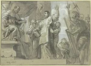 Drucke von Ein Heiliger verteidigt sich vor dem römischen Senat, 1675 Q Drucke: Ein Heiliger verteidigt sich vor dem römischen Senat, 1675. Künstler: Erasmus Quellinus.