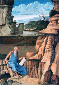 Drucke von Heiliger Jeremias liest im Landschaftsbildnis um 1480/85 aus der Sammlung des Nationalgalerie zu London Giovanni Bellini Drucke: Heiliger Hieronymus liest im Landschaftsbildnis um 1480/85 von Giovanni Bellini