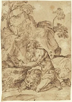 Pen And Ink Drawing Techniques Drucke: Saint Jerome Reading in the Wilderness, 1520/1525. Creator: Domenico Campagnola