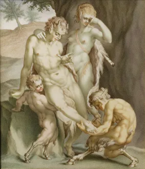 Ein Satyr ein Bösewicht und zwei Faune beschäftigt sich damit eine Nadel herauszuziehen; 1713. Ersteller: Carl Gustav Klingstedt