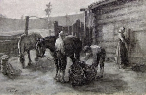 Black And White Oil Painting Drucke: Scene from Edvard Storm's Dolevisor, Before 1898. Creator: Kristen Holbo