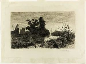 Black And White Landscape Prints Drucke: On the Schroon — Evening, 1880. Creator: Stephen Parrish