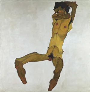 Drucke von Sitzender männlicher Nackenbildnis (Selbstdarstellung), 1910. Im Bestand des Leopoldmuseums Wien zu finden Egon Schiele Drucke: Sitzender männlicher Nackenbildnis (Selbstdarstellung)