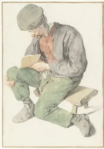 Gerahmter Druck : Sitzender Mann liest nach links, um 1690-1700 von Künstler Cornelis Dusart Gerahmter Druck : Sitzender Mann liest nach links, um 1690-1700 von Künstler Cornelis Dusart