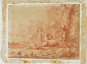 Antique Prints Drucke: Seated Shepherd Playing the Pipe Under a Tree, n.d. Creator: Unknown