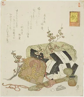 Algen, Reise-Schreibkasten und Pflaumenzweig, Nr. 5 aus der Serie Der Hasen... 1819. Künstler: Shinsai. Algen, Reise-Schreibkasten und Pflaumenzweig, Nr. 5 aus der Serie Der Hasen... 1819. Künstler: Shinsai