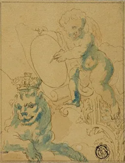 Sektion der Deckenverzierungen mit Kupfer mit Schleuder und Löwe in Krone, um ca. 1800 von unbekannter Künstler