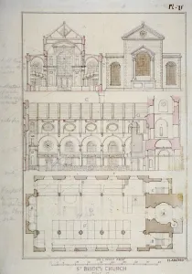 British Christian Heritage Drucke: Section, elevation and ground plan of St Brides Church, Fleet Street, City of London, 1840