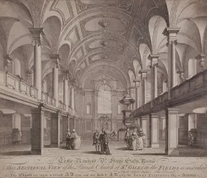Christian Church Interior Design Drucke: Sectional view of St Giles in the Fields, Holborn, London, 1753. Artist: Anthony Walker