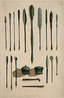 Black And White Heritage Art Drucke: A selection of ancient Roman surgical instruments, 1850-1910. Creator: Unknown