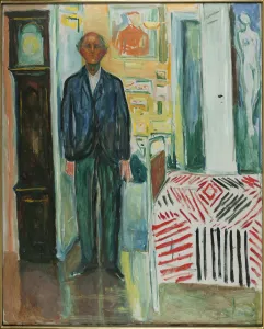 Selbstporträt zwischen Uhr und Bett, 1940 - 1942