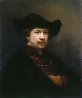 Drucke von Selbstporträt mit Flattkappe, 1642. In der Sammlung des Königlichen Hauses zu London gefunden Rembrandt Van Rhijn Drucke: Selbstporträt im Fedortrocken, 1642. Schöpfer: Rembrandt van Rhijn (1606-1669)