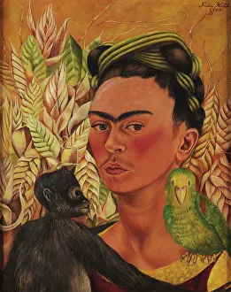 Surrealismus Drucke: Selbstbildnis mit Affen und Papagei, 1942. Künstler: Kahlo, Frida (1907-1954)