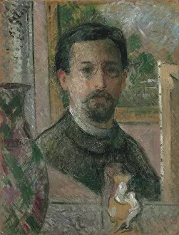 Oil On Cardboard Paintings Drucke: Self-portrait with Statuette, c1916. Creator: Loiseau, Gustave (1865-1935)