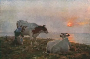Drucke von Der Untergang der Sonne, c1897, (c1930). Frau melkt Kühe bei Sonnenuntergang am Meer. Gemälde im Harris Museum and Art Gallery, Preston, Lancashire. Aus 'Modern Masterpieces of British Art' Landschaften Bei Sonnenuntergang Und Sonnenaufgang Drucke: Der Untergang der Sonne, c1897, (c1930). Künstler: Adrian Stokes.